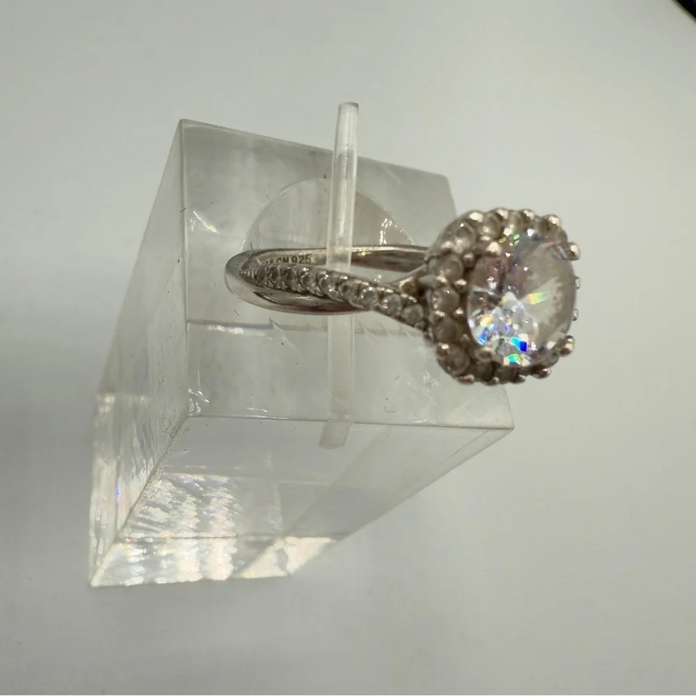 Faux Engagement Glamour Ring Marked 925 with CZ Stones - Size 8